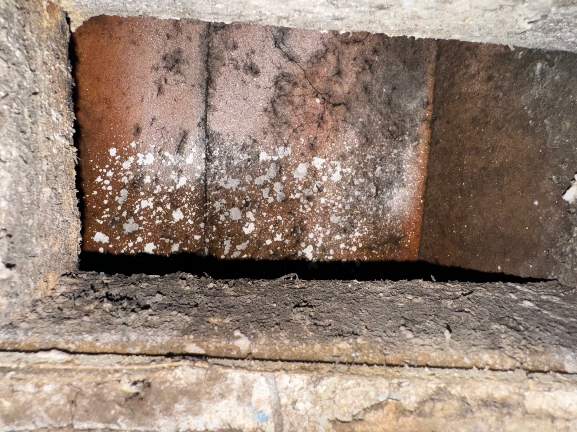 Interior of an HVAC supply duct showing signs of dust, debris, and potential mold or mildew accumulation on the surface.