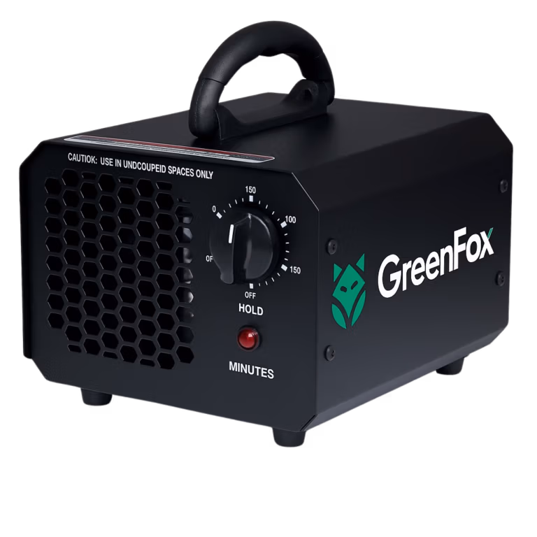 Black GreenFox ozone generator used for professional odor removal and air purification in unoccupied indoor spaces.