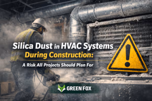 Construction worker generating silica dust near exposed HVAC ductwork during renovation, highlighting the risk of HVAC contamination.