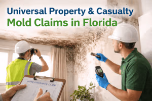 Mold remediation professionals inspecting water damage and mold growth on a ceiling and wall inside a Florida home during an insurance claim assessment.