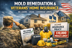 Veteran homeowner standing in front of a house with visible mold damage, insurance paperwork, and mold remediation equipment.