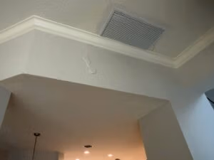 HVAC return vent located near the ceiling above an open living space, highlighting a potential airflow pathway that must be sealed during mold remediation containment.