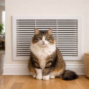 Fluffy domestic cat sitting in front of a white wall-mounted HVAC return air vent with visible dust and pet hair in a bright Florida home interior.