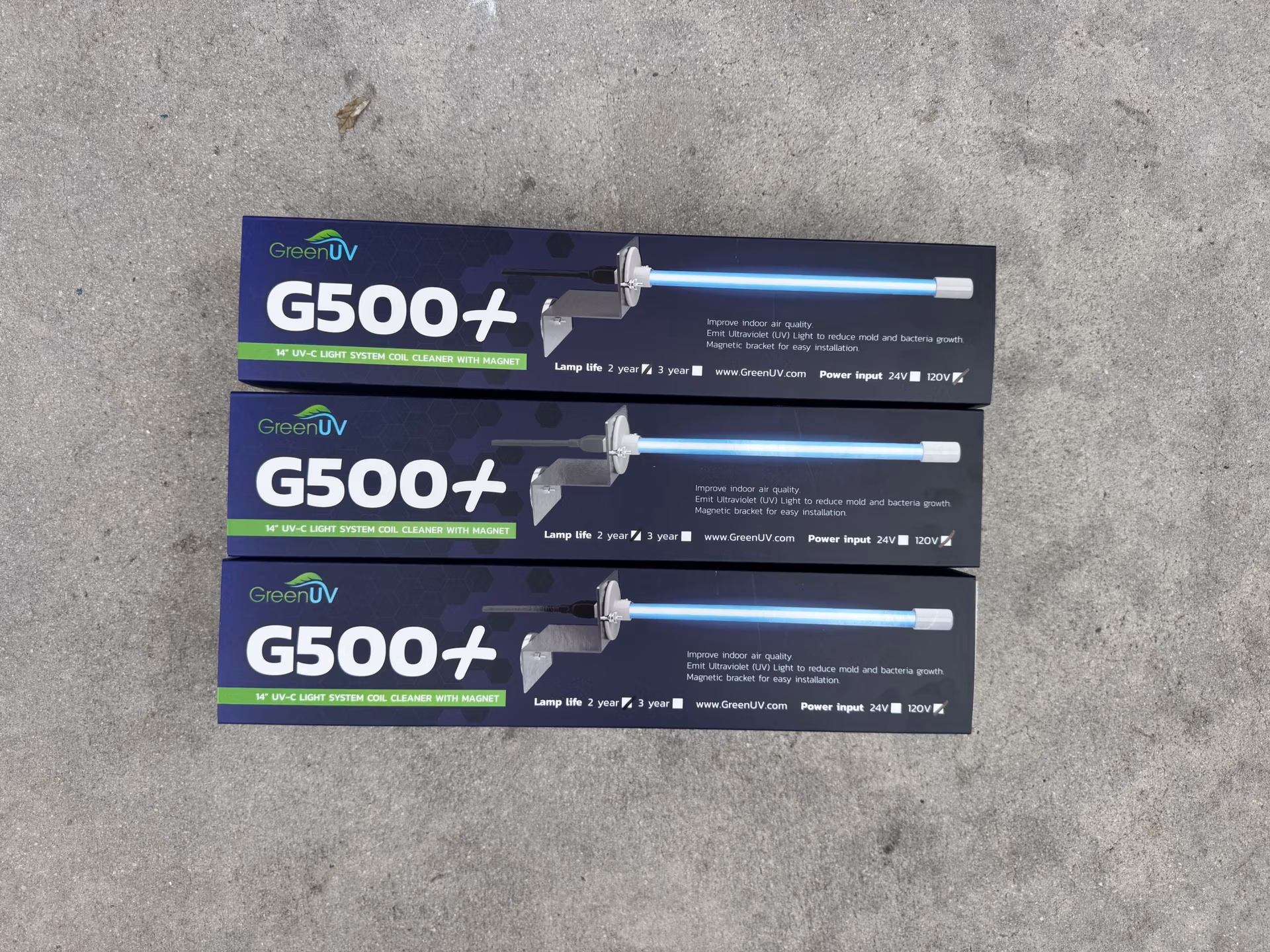 Three GreenUV G500+ 14-inch UV-C coil cleaner boxes with magnetic bracket for HVAC air handlers