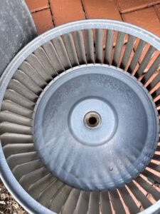 Dust-covered HVAC blower wheel removed from an air handler for professional cleaning and maintenance.