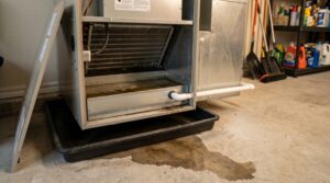 Open HVAC air handler with visible water leaking onto the garage floor beneath the unit.